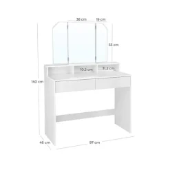 Rootz Toiletbord - Foldespejl og 2 skuffer - Makeup Skrivebord Med hylder - Soveværelse Organizer - Vaskebord - Stilfuldt vaskebord - Spånplade - Hvid | Fyndiq