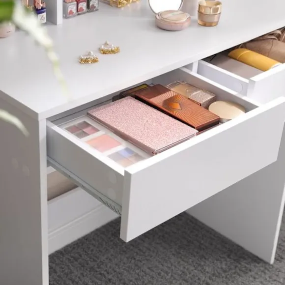 Rootz Toiletbord - Foldespejl og 2 skuffer - Makeup Skrivebord Med hylder - Soveværelse Organizer - Vaskebord - Stilfuldt vaskebord - Spånplade - Hvid | Fyndiq