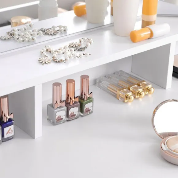 Rootz Toiletbord - Foldespejl og 2 skuffer - Makeup Skrivebord Med hylder - Soveværelse Organizer - Vaskebord - Stilfuldt vaskebord - Spånplade - Hvid | Fyndiq