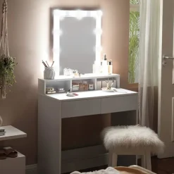 Rootz Toiletbord - Kosmetikbord - Spejl - Belysning - 2 skuffer - Åbne rum - Hvid - Forarbejdet træ - 80 x 40 x 145 cm