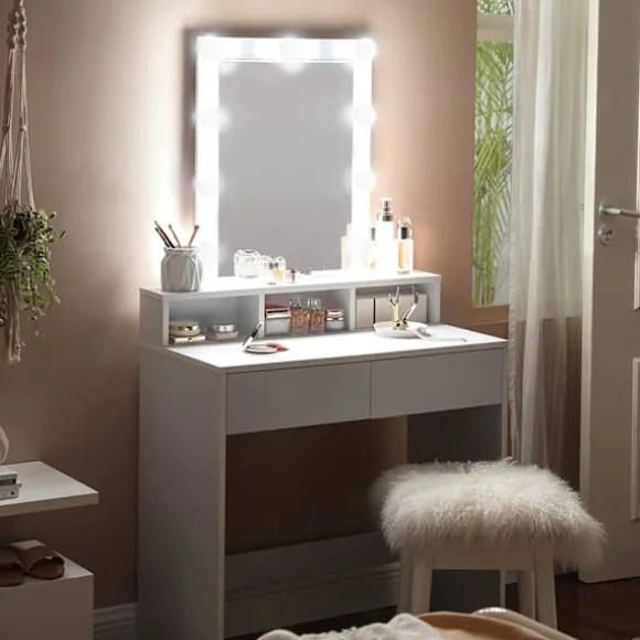 Rootz Toiletbord - Kosmetikbord - Spejl - Belysning - 2 skuffer - Åbne rum - Hvid - Forarbejdet træ - 80 x 40 x 145 cm