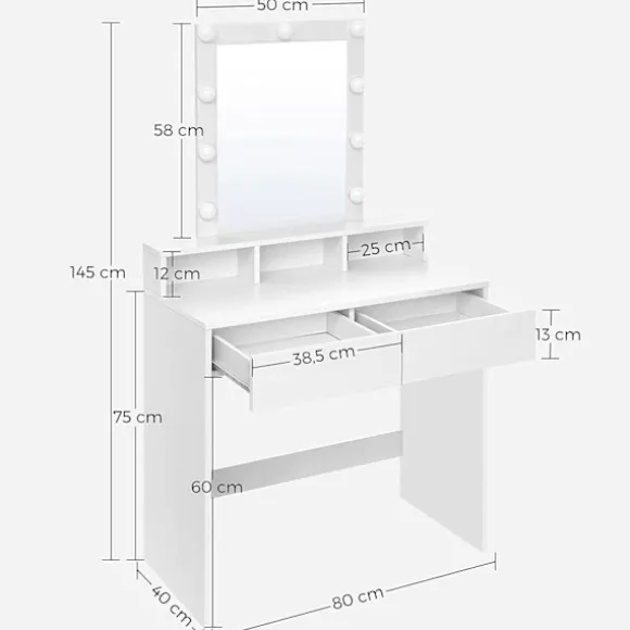 Rootz Toiletbord - Kosmetikbord - Spejl - Belysning - 2 skuffer - Åbne rum - Hvid - Forarbejdet træ - 80 x 40 x 145 cm