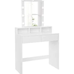 Rootz Toiletbord - Kosmetikbord - Spejl - Belysning - 2 skuffer - Åbne rum - Hvid - Forarbejdet træ - 80 x 40 x 145 cm
