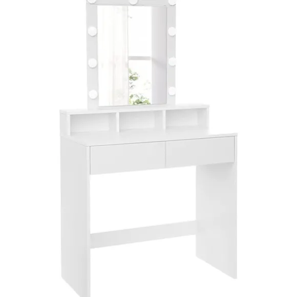 Rootz Toiletbord - Kosmetikbord - Spejl - Belysning - 2 skuffer - Åbne rum - Hvid - Forarbejdet træ - 80 x 40 x 145 cm