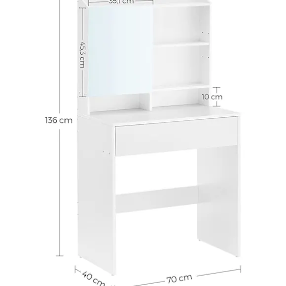 Rootz Toiletbord - Kosmetikbord - Åbne rum - Spejl - 1 skuffe - Justerbare hylder - Hvid - Forarbejdet træ - 70 x 40 x 136 cm