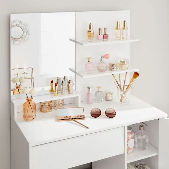 Rootz Toiletbord - Med hylder og skuffe - Makeup Skrivebord med hylder - Soveværelse Organizer - Vaskebord - Stilfuldt vaskebord - Spånplade - Hvid - | Fyndiq