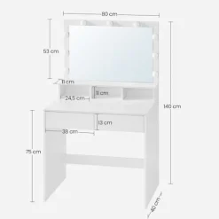 Rootz Toiletbord - Med spejl og glødepærer - Makeup Toiletbord - Oplyst spejlkommode - Kosmetisk vaskebord - Spånplade - Melaminbelægning - Hvid - 80 | Fyndiq