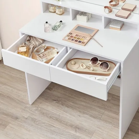 Rootz Toiletbord - Med spejl og glødepærer - Makeup Toiletbord - Oplyst spejlkommode - Kosmetisk vaskebord - Spånplade - Melaminbelægning - Hvid - 80 | Fyndiq