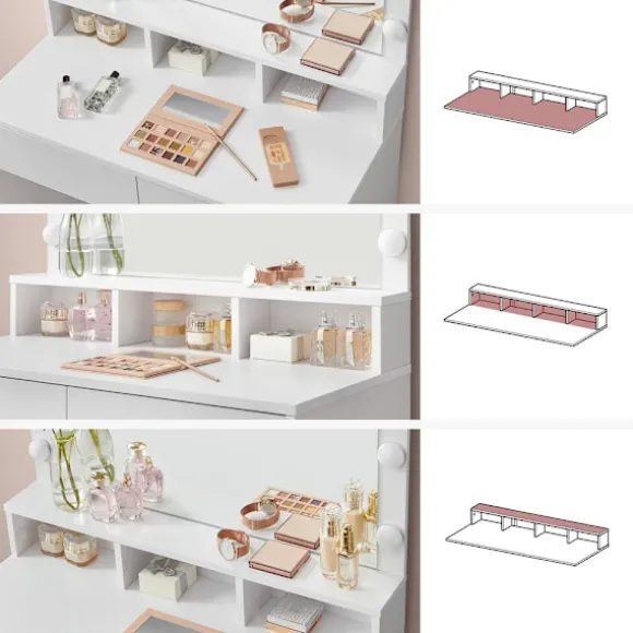 Rootz Toiletbord - Med spejl og glødepærer - Makeup Toiletbord - Oplyst spejlkommode - Kosmetisk vaskebord - Spånplade - Melaminbelægning - Hvid - 80 | Fyndiq