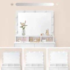 Rootz Toiletbord - Med spejl og glødepærer - Makeup Toiletbord - Oplyst spejlkommode - Kosmetisk vaskebord - Spånplade - Melaminbelægning - Hvid - 80 | Fyndiq