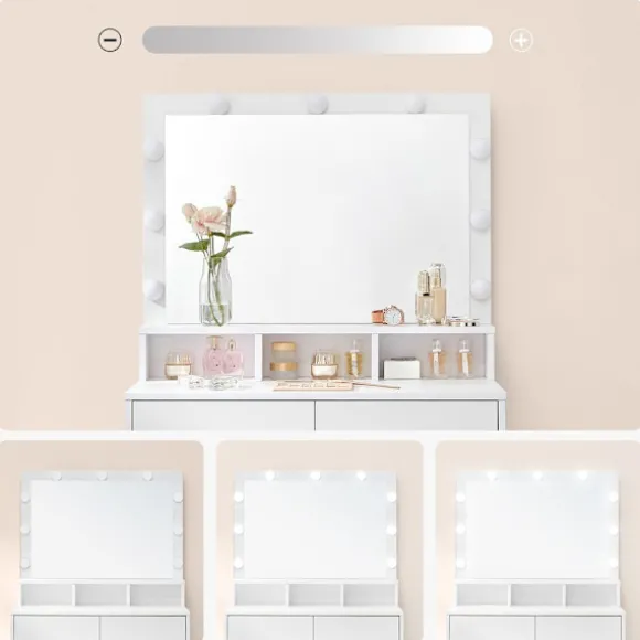 Rootz Toiletbord - Med spejl og glødepærer - Makeup Toiletbord - Oplyst spejlkommode - Kosmetisk vaskebord - Spånplade - Melaminbelægning - Hvid - 80 | Fyndiq