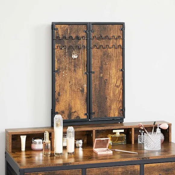 Rootz Toiletbord - Sæt - Make-up bord - 3-delt - Foldespejl - Hårtørrerholder - Kosmetikbord - Polstret skammel - 3 skuffer - Industriel - Brun - Sort | Fyndiq