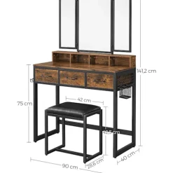 Rootz Toiletbord - Sæt - Make-up bord - 3-delt - Foldespejl - Hårtørrerholder - Kosmetikbord - Polstret skammel - 3 skuffer - Industriel - Brun - Sort | Fyndiq