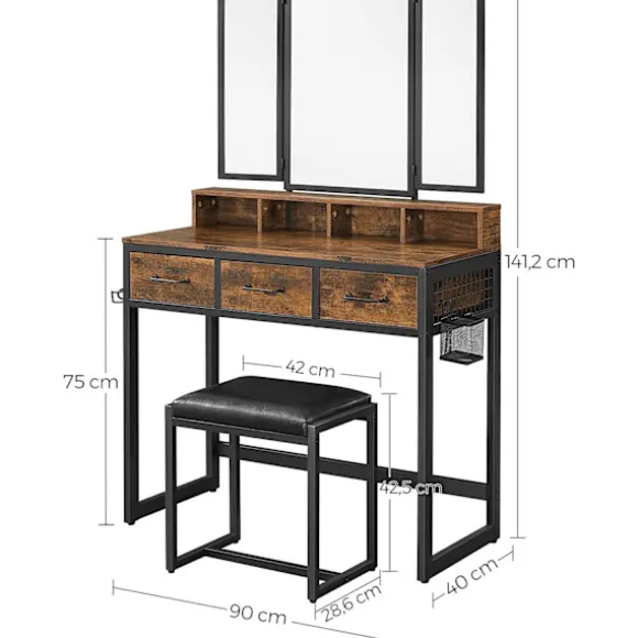 Rootz Toiletbord - Sæt - Make-up bord - 3-delt - Foldespejl - Hårtørrerholder - Kosmetikbord - Polstret skammel - 3 skuffer - Industriel - Brun - Sort | Fyndiq