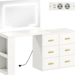 Rootz Toiletbord - Vanity Desk - Makeup Station - LED-spejl, stikkontakter, opbevaring - Organiseret morgenrutine - 118x78x135cm, Hvid