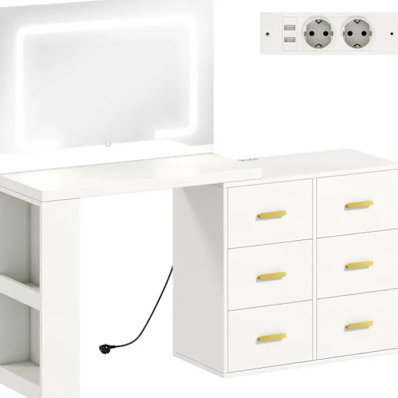 Rootz Toiletbord - Vanity Desk - Makeup Station - LED-spejl, stikkontakter, opbevaring - Organiseret morgenrutine - 118x78x135cm, Hvid