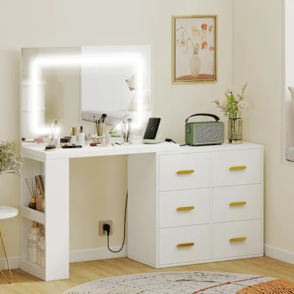 Rootz Toiletbord - Vanity Desk - Makeup Station - LED-spejl, stikkontakter, opbevaring - Organiseret morgenrutine - 118x78x135cm, Hvid