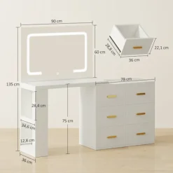 Rootz Toiletbord - Vanity Desk - Makeup Station - LED-spejl, stikkontakter, opbevaring - Organiseret morgenrutine - 118x78x135cm, Hvid