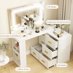 Rootz Toiletbord - Vanity Desk - Makeup Station - LED-spejl, stikkontakter, opbevaring - Organiseret morgenrutine - 118x78x135cm, Hvid