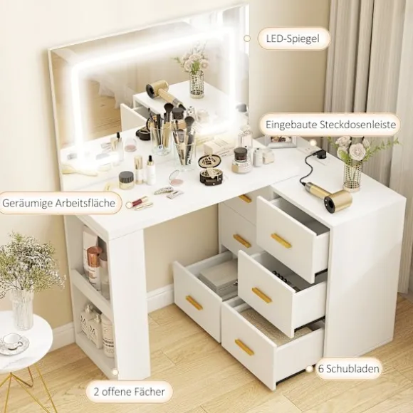 Rootz Toiletbord - Vanity Desk - Makeup Station - LED-spejl, stikkontakter, opbevaring - Organiseret morgenrutine - 118x78x135cm, Hvid