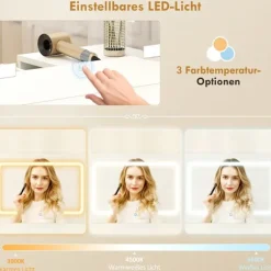 Rootz Toiletbord - Vanity Desk - Makeup Station - LED-spejl, stikkontakter, opbevaring - Organiseret morgenrutine - 118x78x135cm, Hvid