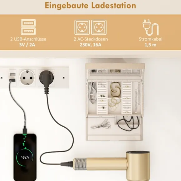 Rootz Toiletbord - Vanity Desk - Makeup Station - LED-spejl, stikkontakter, opbevaring - Organiseret morgenrutine - 118x78x135cm, Hvid