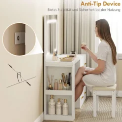 Rootz Toiletbord - Vanity Desk - Makeup Station - LED-spejl, stikkontakter, opbevaring - Organiseret morgenrutine - 118x78x135cm, Hvid