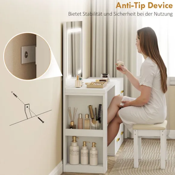 Rootz Toiletbord - Vanity Desk - Makeup Station - LED-spejl, stikkontakter, opbevaring - Organiseret morgenrutine - 118x78x135cm, Hvid