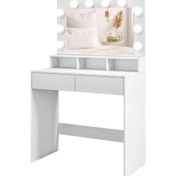 Rootz Toiletbord - Vanity Desk - Makeup Bord - Rigelig opbevaring og belysning - 80W x 40D x 135H cm