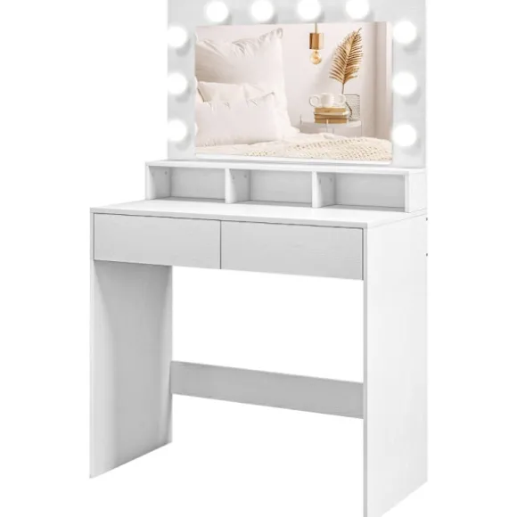 Rootz Toiletbord - Vanity Desk - Makeup Bord - Rigelig opbevaring og belysning - 80W x 40D x 135H cm