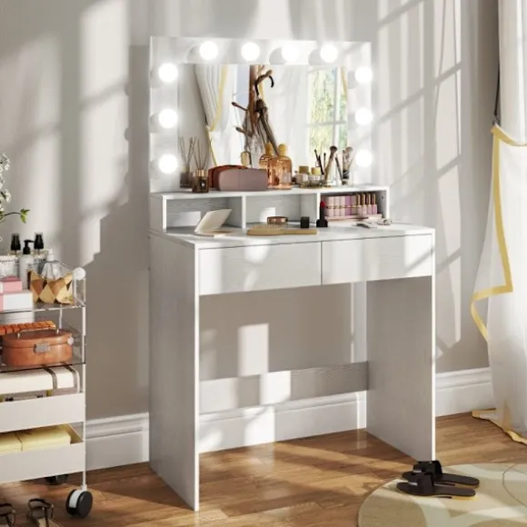 Rootz Toiletbord - Vanity Desk - Makeup Bord - Rigelig opbevaring og belysning - 80W x 40D x 135H cm