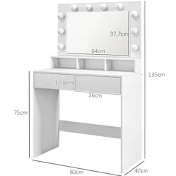 Rootz Toiletbord - Vanity Desk - Makeup Bord - Rigelig opbevaring og belysning - 80W x 40D x 135H cm