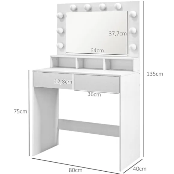 Rootz Toiletbord - Vanity Desk - Makeup Bord - Rigelig opbevaring og belysning - 80W x 40D x 135H cm
