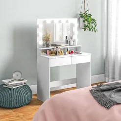 Rootz Toiletbord - Vanity Desk - Makeup Bord - Rigelig opbevaring og belysning - 80W x 40D x 135H cm