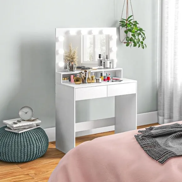 Rootz Toiletbord - Vanity Desk - Makeup Bord - Rigelig opbevaring og belysning - 80W x 40D x 135H cm