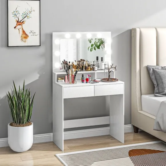Rootz Toiletbord - Vanity Desk - Makeup Bord - Rigelig opbevaring og belysning - 80W x 40D x 135H cm