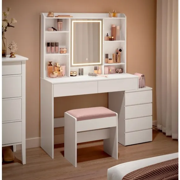 Rootz Toiletbord med LED-lys - Sminkebord - Makeup skrivebord - Moderne - Cloud White - 120cm x 60cm x 75cm