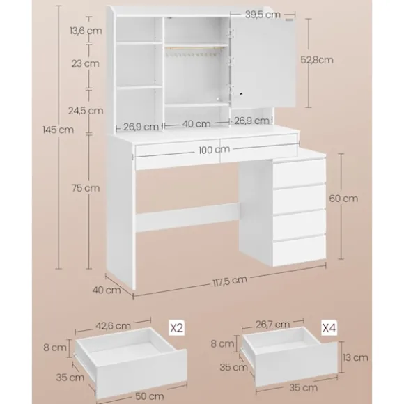 Rootz Toiletbord med LED-lys - Sminkebord - Makeup skrivebord - Moderne - Cloud White - 120cm x 60cm x 75cm