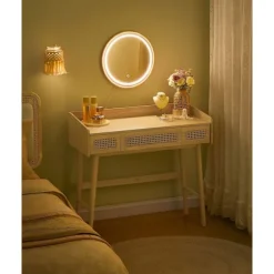Rootz Toiletbord med spejl - Vaskeskabssæt - Makeup skrivebord - LED-belysning - 43 cm x 90 cm x 82 cm - Ben af ​​massivt træ - MDF - Spånplade
