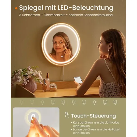 Rootz Toiletbord med spejl - Vaskeskabssæt - Makeup skrivebord - LED-belysning - 43 cm x 90 cm x 82 cm - Ben af massivt træ - MDF - Spånplade