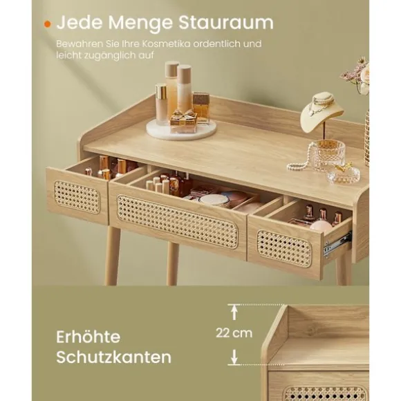 Rootz Toiletbord med spejl - Vaskeskabssæt - Makeup skrivebord - LED-belysning - 43 cm x 90 cm x 82 cm - Ben af massivt træ - MDF - Spånplade