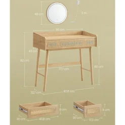 Rootz Toiletbord med spejl - Vaskeskabssæt - Makeup skrivebord - LED-belysning - 43 cm x 90 cm x 82 cm - Ben af massivt træ - MDF - Spånplade