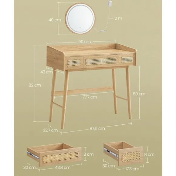 Rootz Toiletbord med spejl - Vaskeskabssæt - Makeup skrivebord - LED-belysning - 43 cm x 90 cm x 82 cm - Ben af massivt træ - MDF - Spånplade