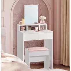 Rootz Toiletbord med spejl og 2 skuffer - Vaskebord - Makeup skrivebord - Hvid - 40 cm x 60 cm x 127 cm - Ingen batterier påkrævet
