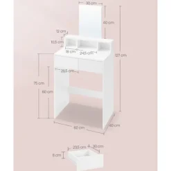 Rootz Toiletbord med spejl og 2 skuffer - Vaskebord - Makeup skrivebord - Hvid - 40 cm x 60 cm x 127 cm - Ingen batterier påkrævet