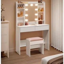 Rootz Toiletbord med spejl - Sminkebord - Makeupbord - Spånplade - 40 cm x 90 cm x 144,7 cm - Cloud White - 32,3 kg