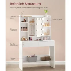 Rootz Toiletbord med spejl - Sminkebord - Makeupbord - Spånplade - 40 cm x 90 cm x 144,7 cm - Cloud White - 32,3 kg