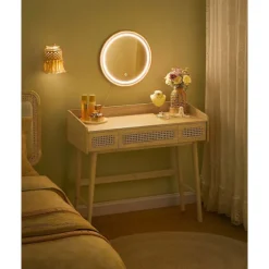 Rootz Toiletbord med spejl og belysning - Vaskeskabssæt - Makeupbord - Massive træben - MDF - Eg Beige - 43cm x 90cm x 82cm