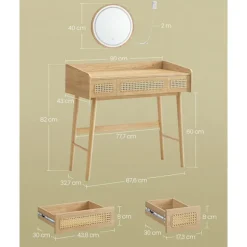 Rootz Toiletbord med spejl og belysning - Vaskeskabssæt - Makeupbord - Massive træben - MDF - Eg Beige - 43cm x 90cm x 82cm
