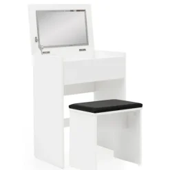 Rootz Toiletbord 60x81x40 cm Hvidt Konsolbord Træ Moderne - Kosmetikbord med skammel og spejl - Hvidt toiletbord med klaprum - Moderne make-up bord pi | Fyndiq